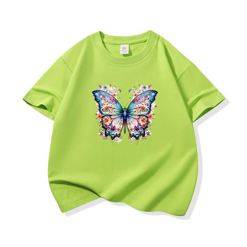 Kids Cotton T Shirt Blue Colorful Floral Butterfly Print Crew Neck Short Sleeve Tee Casual Boys Girls Summer Tops