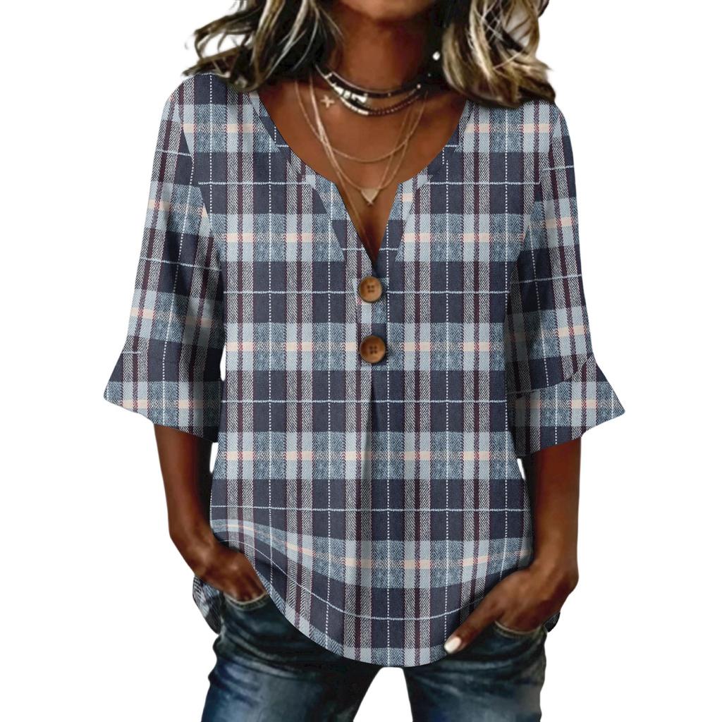 Ladies' plaid printed button casual V-neck fashionable seven quarter sleeve top