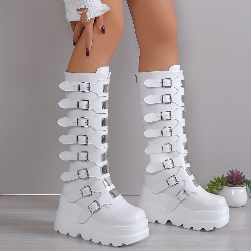 Fashion High Boots Round Toe Platform Sole Non-slip Wear-resistant Metal Buckle Back Zipper Non-slip Wear-resistant Wedges