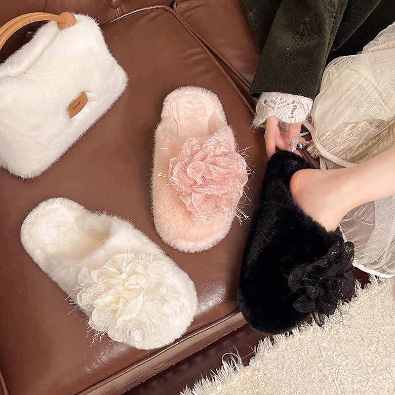 Korean sweet mesh flower flat heel slippers women's autumn wear Internet celebrity one-character soft bottom non-slip cotton slippers women