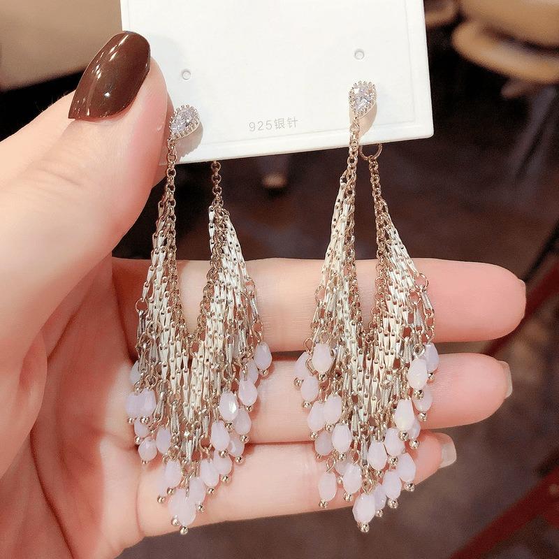 Retro silver needle glass water drop fringed earrings light luxury high sense fashion versatile stud earrings niche design earrings