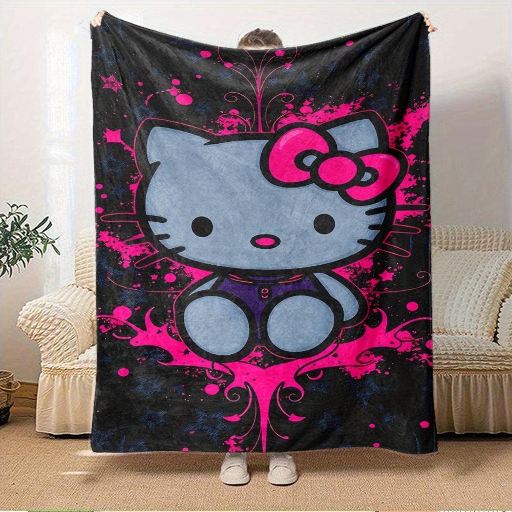 For Hello Kitty, Pink, StarsAnime-Themed Flannel Blanket, Glam Style, Digital Print, All-Season Comfort, Tear-Resistant, Knitted Craftsmansh