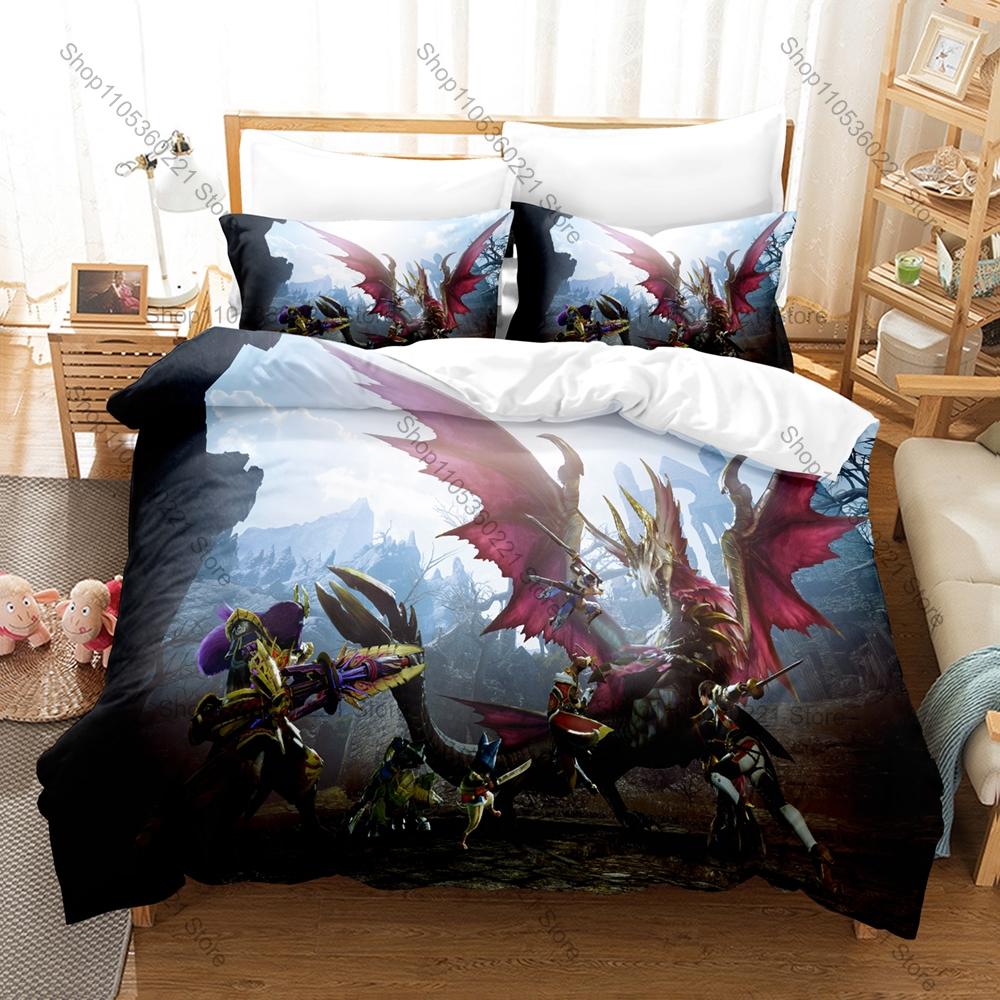 Monster Hunter Rise Merch 3-delat Sängkläder Påslakan Med 2 Örngott Tvättbar Dragkedja Spel Sängöverkast