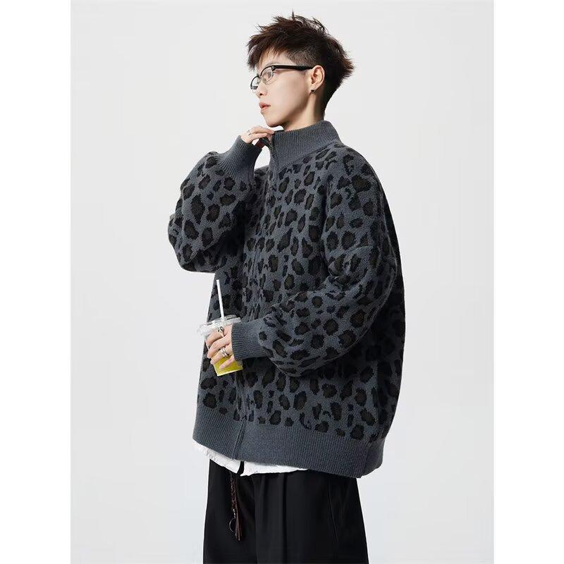 American trendy brand leopard print cardigan sweater men's cleanfit retro knitted sweater loose casual lazy couple coat