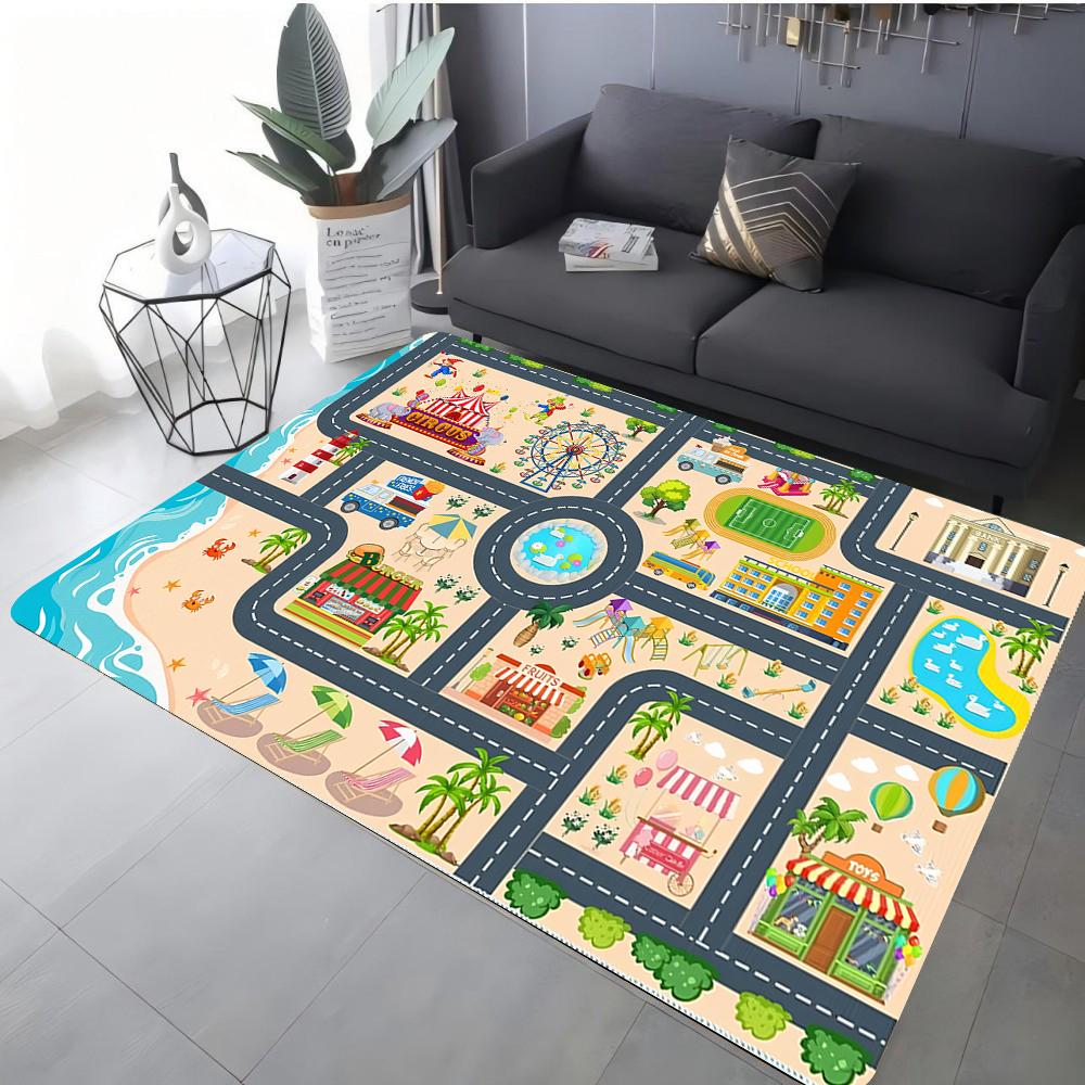 Kids Colorful City Street Map Print Carpet Play Mat Living Room Bedroom Nursery Playroom Soft Non Slip Floor Rug Washable Gift