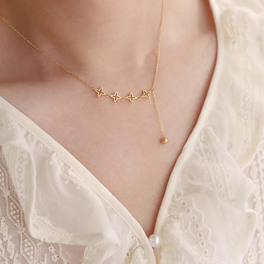 Hollow Out Star Linked Necklace for Women Tassel Collarbone Chain Titanium Steel 18K Gold Plated Tarnish Resistant Jewelry