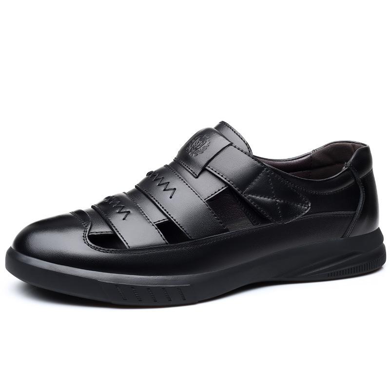 Men's casual leather sandals men's Korean version trend hole shoes summer men's shoes work shoes men's black Velcro sandals