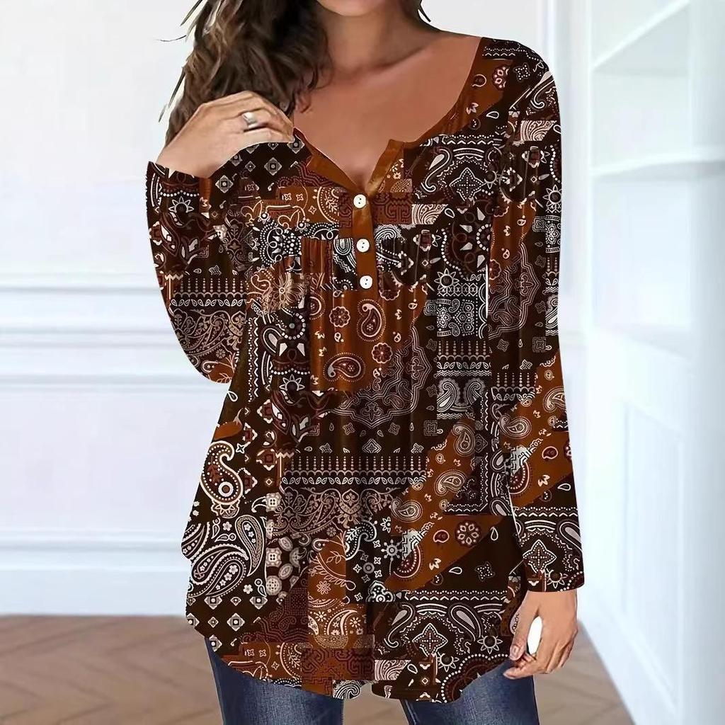 Elegant Plus Size Paisley V-Neck Button Top for Women