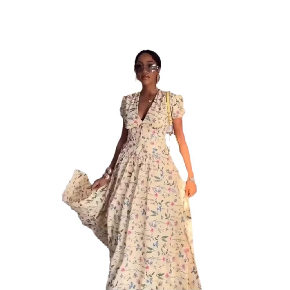 Rochie de vară nouă, cu imprimeu, decolteu în V, cu șireturi, mânecă scurtă, stil socialită, cu pendul, pentru femei europene și americane