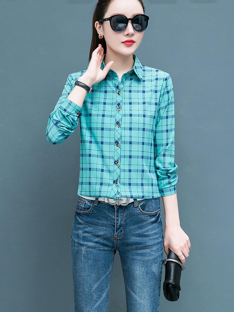 Geruit Overhemd Dames Honderd Dames Tops Los Retro Hong Kong Smaak Lange Mouw Overhemd