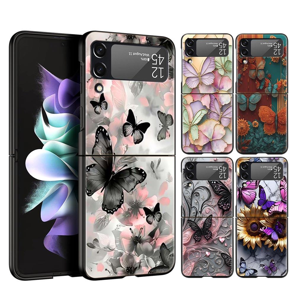 Fashionable Butterfly Flower Pattern Hard PC Phone Case For Samsung Galaxy Z Flip 7 6 5 4 Black Bag For Galaxy Z Flip 3 Foldable