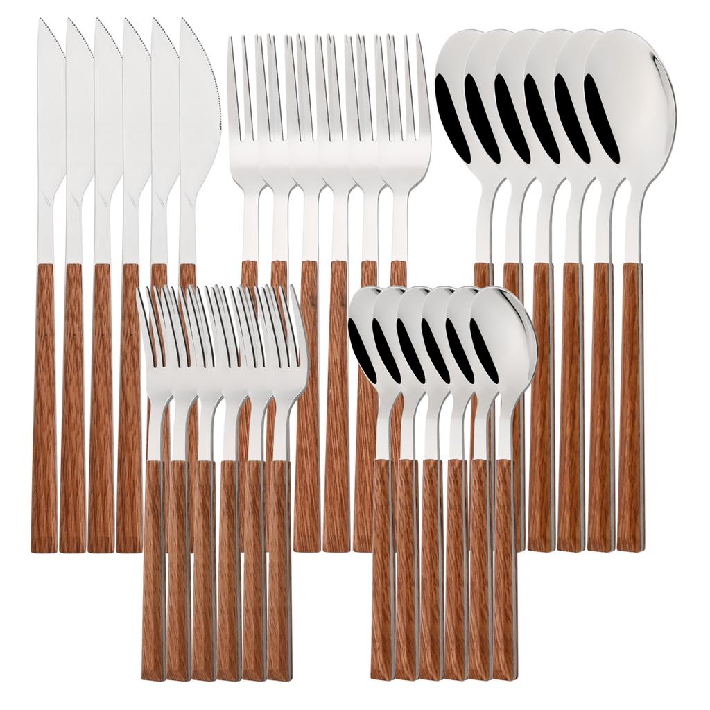 24/30Pcs Knife Dessert Fork Coffee Spoon Tableware Dinnerware Set Imitation Wooden Handle Cutlery Set Stainless Steel Flatware