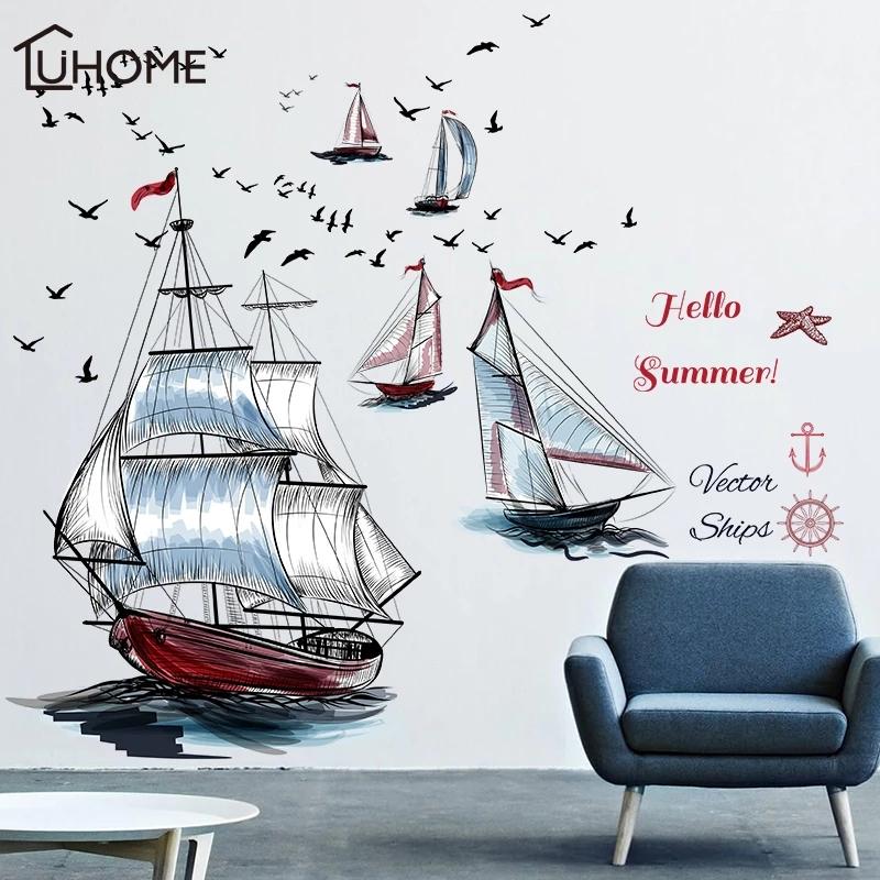 Современный парусник корабль Чайка Пейзаж Наклейки на стену для гостиной Спальня Съемная — фото 8