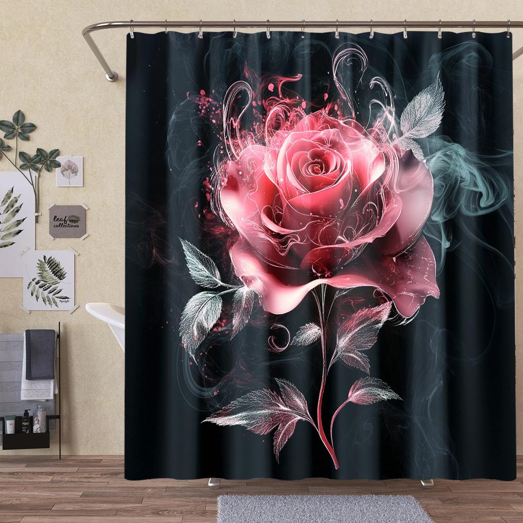 1Pc Elegant Rose-Themed Digital Printed Shower Curtain - Vibrant Pink & Green Polyester Fabric With Hooks, Machine Washable Bath