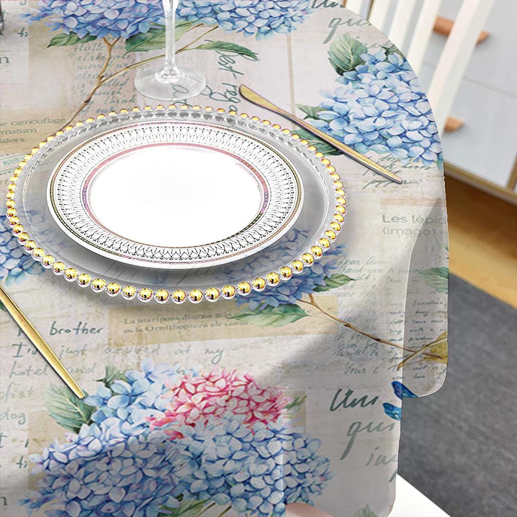 Spring Hydrangea Flower Dragonfly Vintage Round Tablecloth Waterproof Table Cover For Wedding Party Decor Dining Table Cover