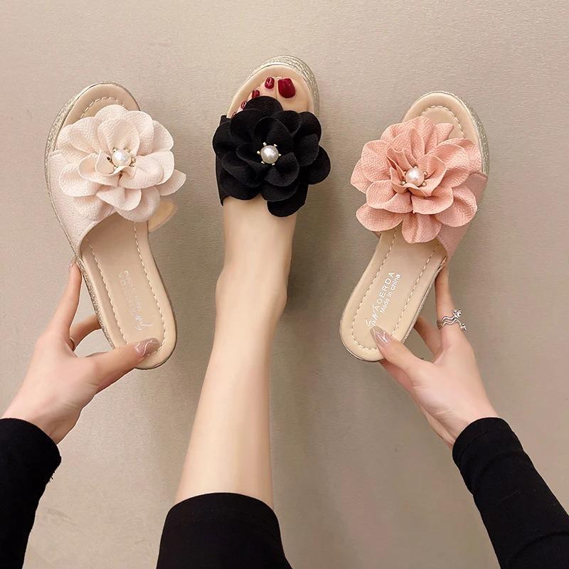 Fashion 2024 Summer 7cm Wedge Heels Slides Women Appliques Flowers With Pearl Platform Beach Cool Sandals New Shoes Slippers