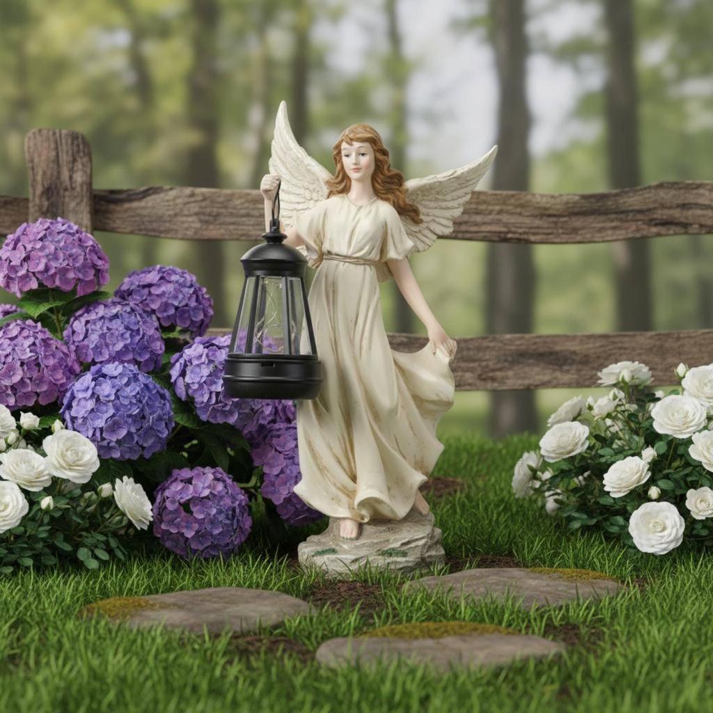 Solar Divine Outdoor Light HandPainted Angel Statue with Lantern Waterproof Decoration