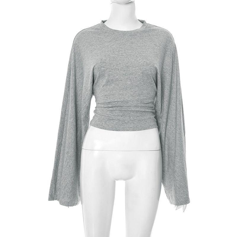 2026 Women's Solid Color Cinched Waist Long Sleeve Top - Fashionable Round Neck, Wide Sleeve.