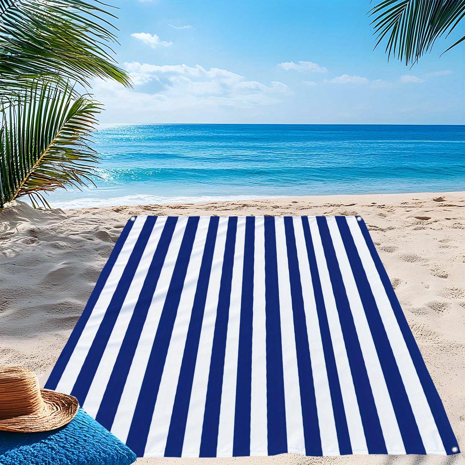 

1PC outdoor beach blanket, blue and white striped print, portable printed beach mat, easy to clean, 100% polyester fabric W40*H60(CM)