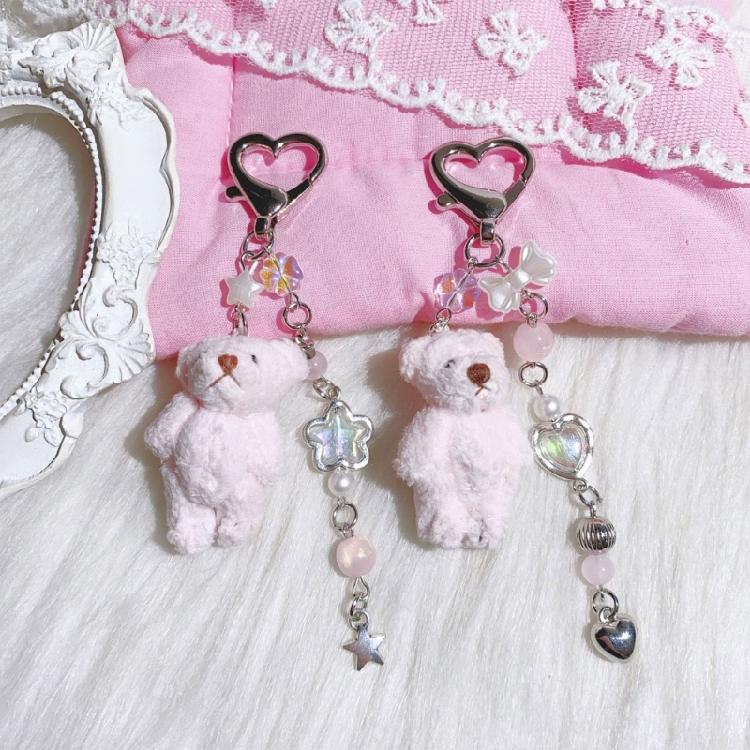 Bead Chain Adorned Bear Keyring Plush Animal Keychain Pendant Handmade Phone Charm Unique Gift for Children and Teens
