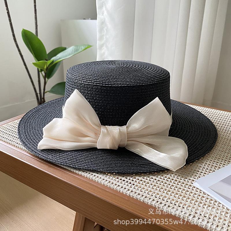 Hat Women's New Spring and Summer Straw Bow Straw Hat Versatile Flat Top Sunscreen Sun Hat Tide