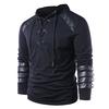 Men Winter Drawstring Vintage Leather Patchwork Long Sleeve Hooded Tops Blouses