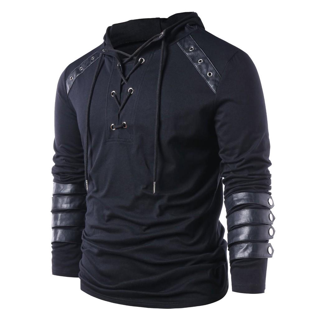 Men Winter Drawstring Vintage Leather Patchwork Long Sleeve Hooded Tops Blouses