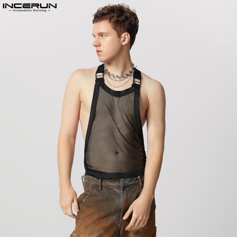 INCERUN Men Sleeveless Tank Tops Party Club Backless Hollow Mesh Vest