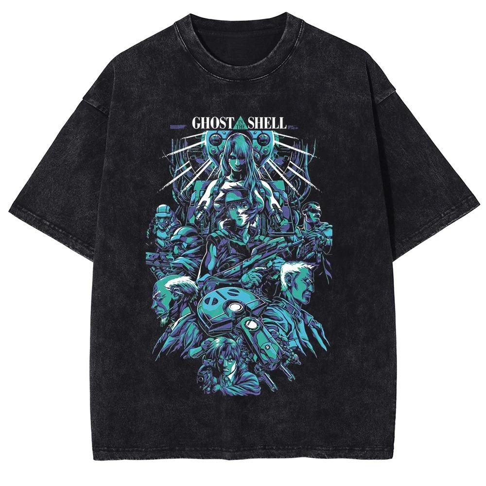 Anime Ghost in the Shell Print T-shirt Cotton Short Sleeve Tee Men Women Clothing Harajuku Vintage Washed Oversized T Shirt
