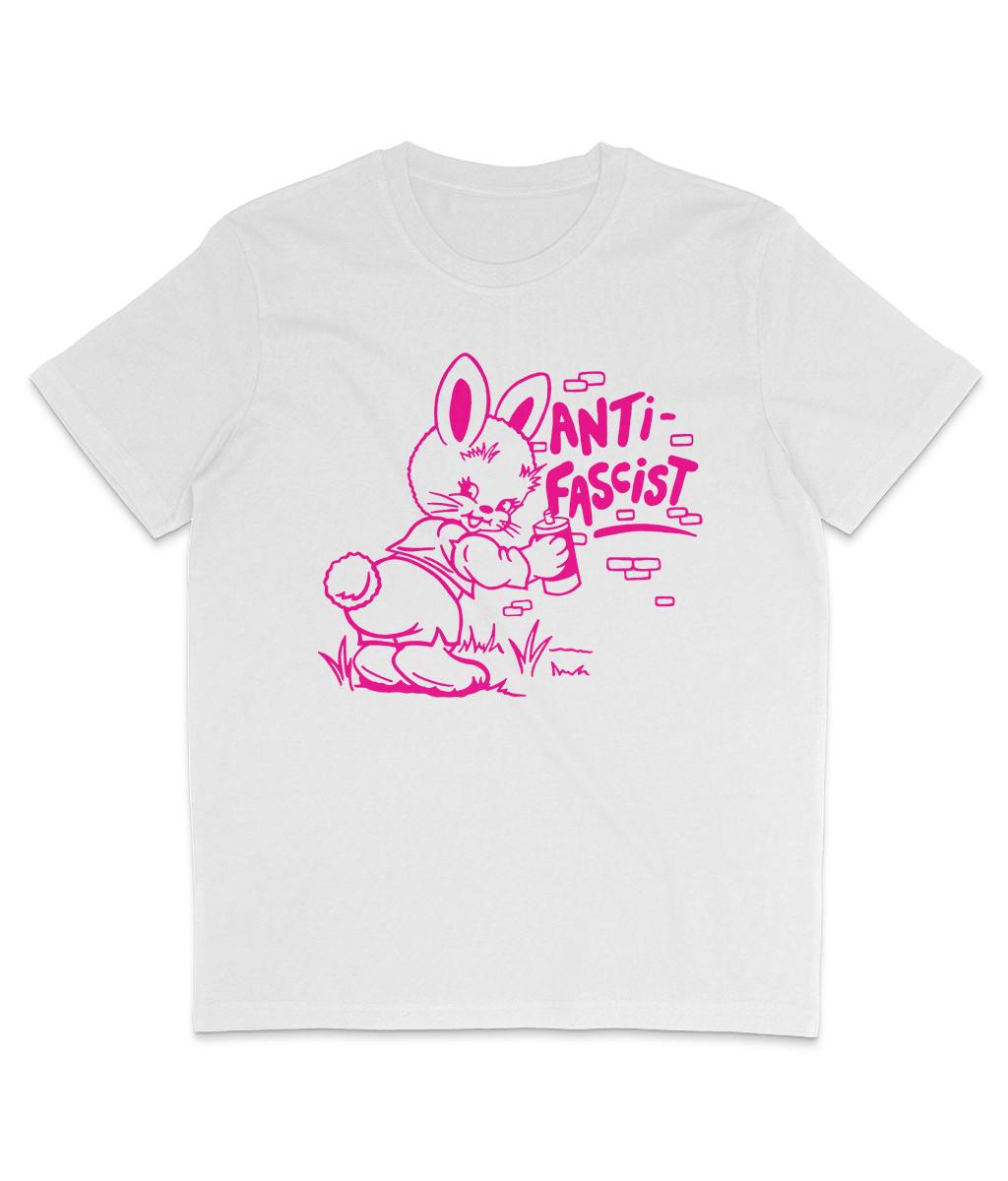 Antifa Bunny - Bright Pink - Organic T-Shirt Mens Womens Tees Top - Punk - Anti Fascist - Vegan 3XL