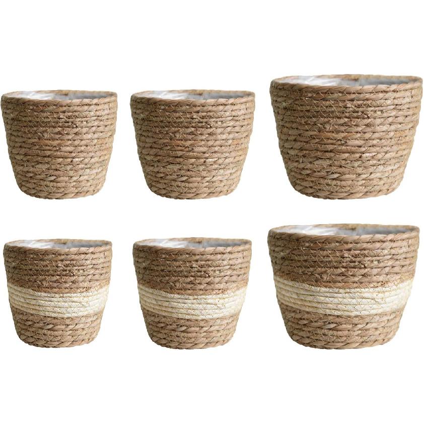 Seagrass Planters, Cover Storage Basket Containers Hand Woven Straw Pot with Plastic Liners for Indoor Outdoor Plant, Flower