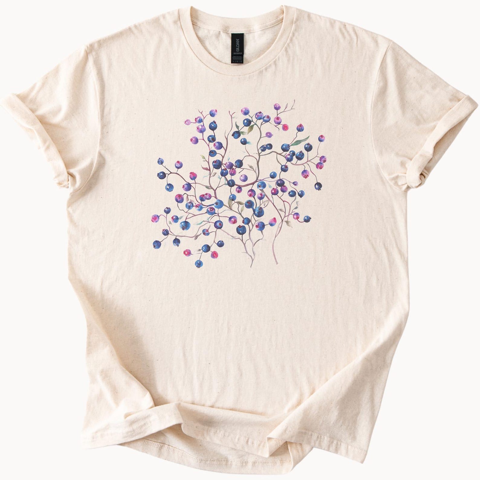Blueberry Branch Watercolor Graphic T Shirt Hand Drawn Botanical Berry Plant Nature Art Tee Unique Floral Illustration Shirt 120