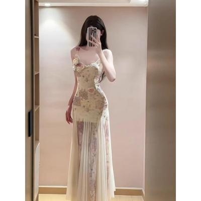 French Beautiful Heavy Industry Three-dimensional Flower Suspender Dress Women's Summer Design Sense Waist Mesh Fishtail Long Skirt