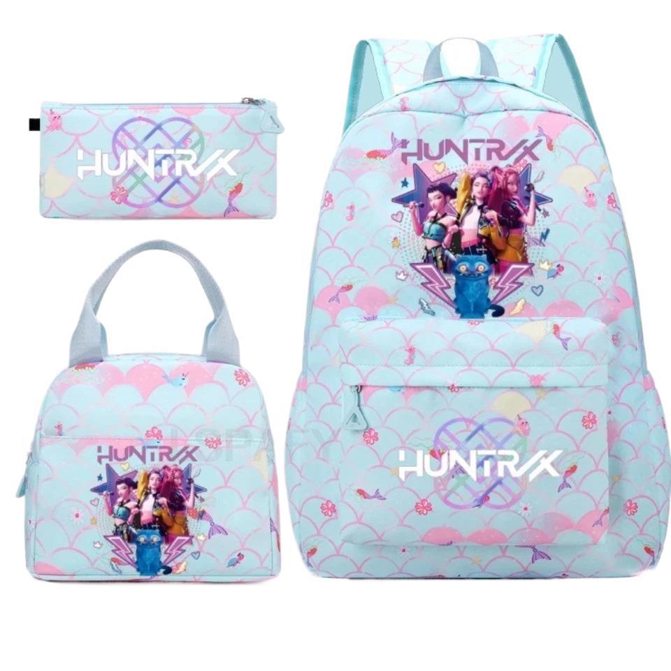 KPOP Nylon 3 Piece Set School Backpack for Students with Cartoon Print Air Cushion Design
