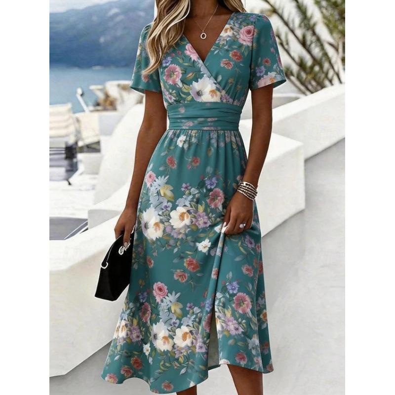 Vestido Midi Floral de Manga Corta con Cuello en V para Mujer Ropa Casual de Vacaciones