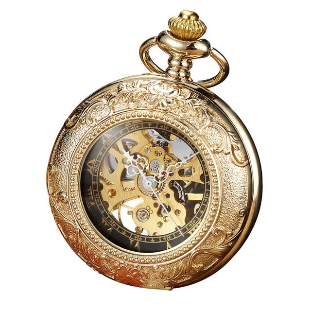 Luxury Retro Golden Hollow Skeleton Mechanical Pocket Watch Mens Fob Chain Steel Exquisite Sculpture Men Pocket Watch Gifts