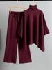 Women's Autumn Winter High Neck Cloak Sweater & Wide Leg Pants Set