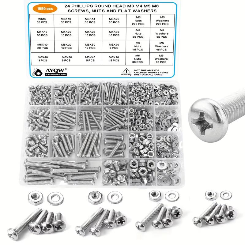 1080pcs Screws Bolts and Nuts Assortment Kit, Metric Machine Screws and Nuts and Flat Washers, M3/M4/M5/M6