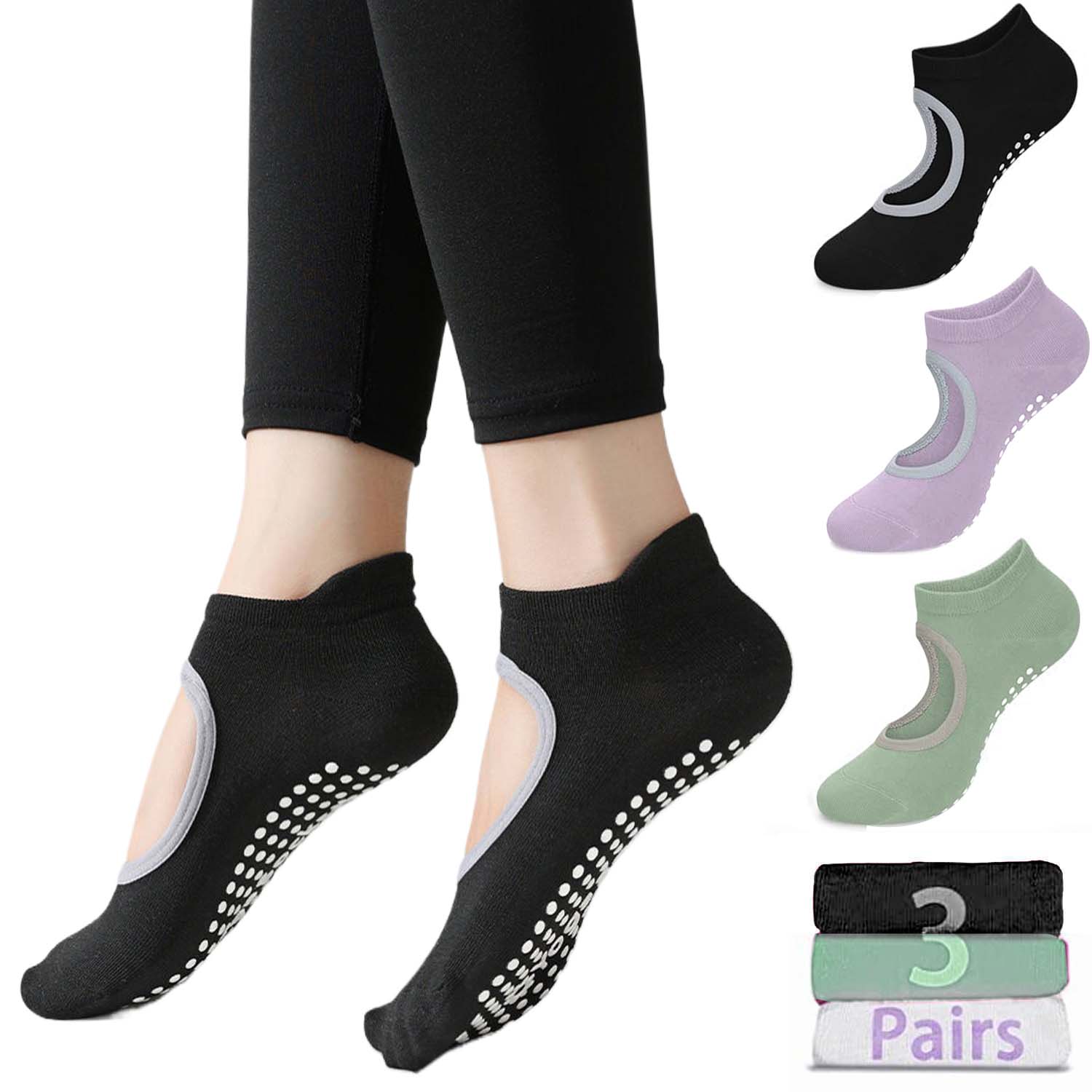

3 пары носков для пилатеса для женщин, нескользящие носки для йоги с открытым верхом для занятий балетом, йогой, танцами и босиком