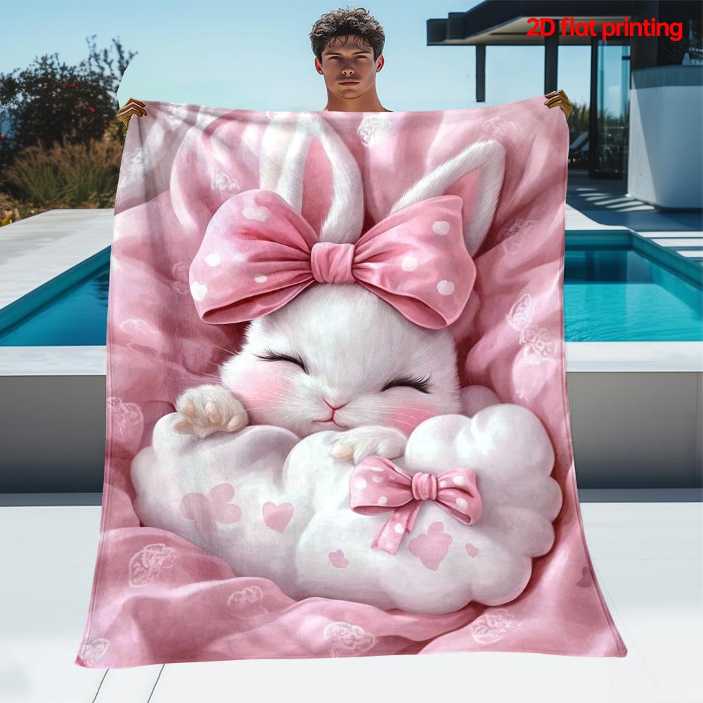 White Bunny With Pink Bow Printed Blanket Soft Warm Lightweight for Travel Camping Home Office Use