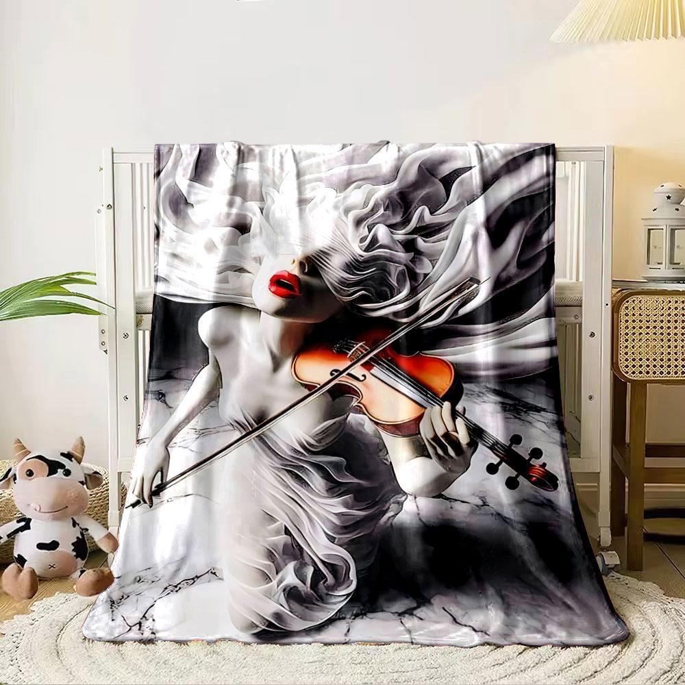 Flowing white fabric, vibrant violin, and bold red lips on marble. for all seasons blanket lunch break throw gift 80cm x 120cm