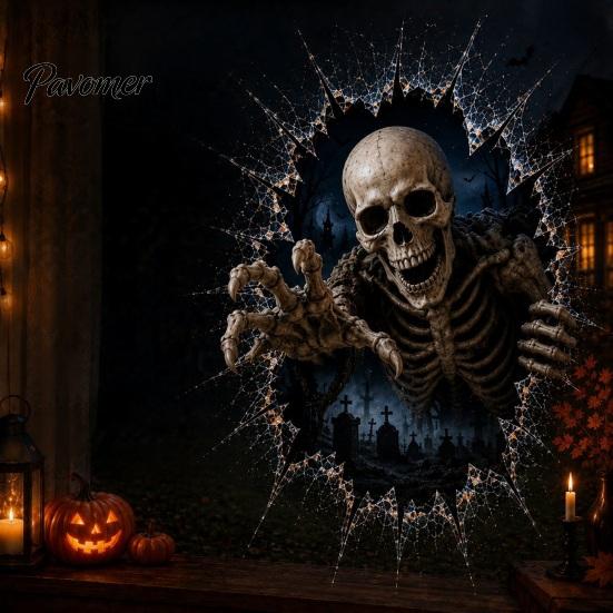 Ghost Witch Decals Halloween Window Decal, 3D Crack Glass Spooky Decoration, Pumpkin Skeleton Indoor Ornamentation Break in Stickers, Illusion Mirror