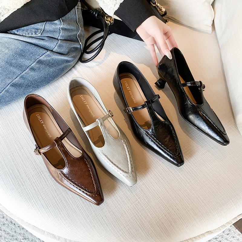 Leisure Fashion Pumps Woman Slip On Strange Mid Heels Pointed Toe Women Shoes Solid Leather Square Buckle Mary Jane Shoes Woman