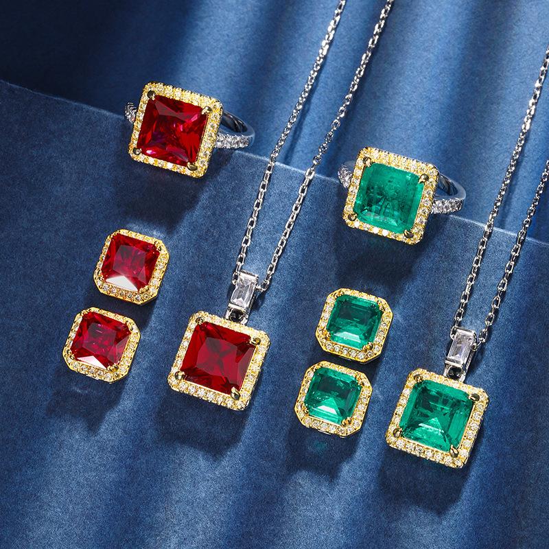 Jewelry Copper Bottom Gold-Plated Simulation Red Corundum Emerald Princess Square Set Main Stone 10 * 10-8 * 8