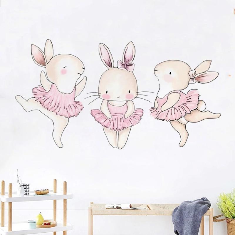 Karikatür Pembe Tavşan Bale Duvar Çıkartmaları Çocuk Odası Tavşan Ev Dekor Duvar Çıkartmaları Bebek Kreş Kız Odası Dekorasyon Poster