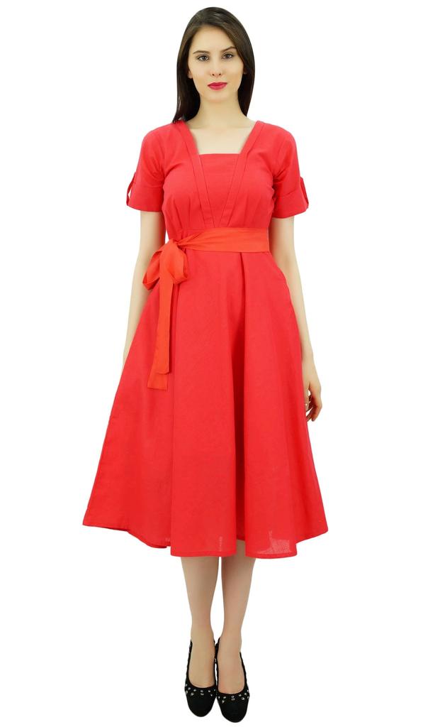 Bimba Damen Kurzarm Leinen Etuikleid Mit Gürtel Freizeitkleider