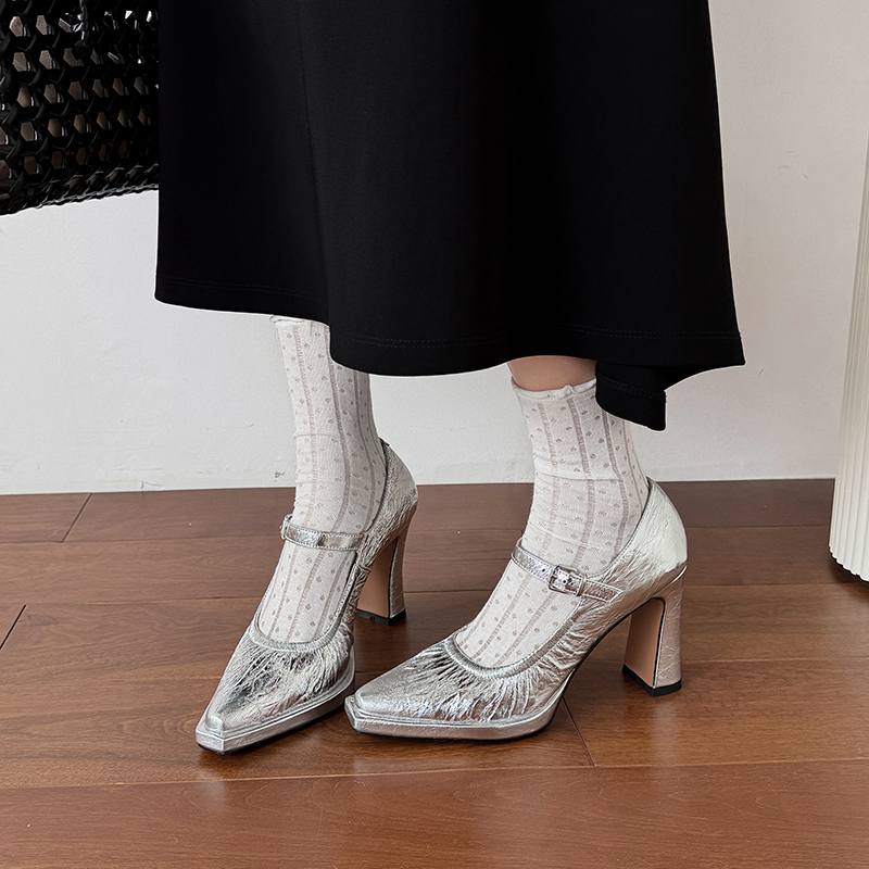 Krazing Pot Suede Sheepskin Square Toe High Heels Summer Solid Color Shoes Big Size 41 Buckle Women Modern Pumps
