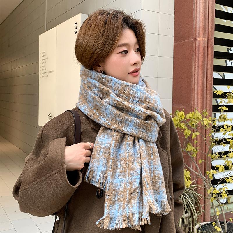 Women's Korean Style Fleece-Like Cashmere Scarf Autumn Winter High-End Warm Shawl Cute Versatile Plaid Neck Warmer