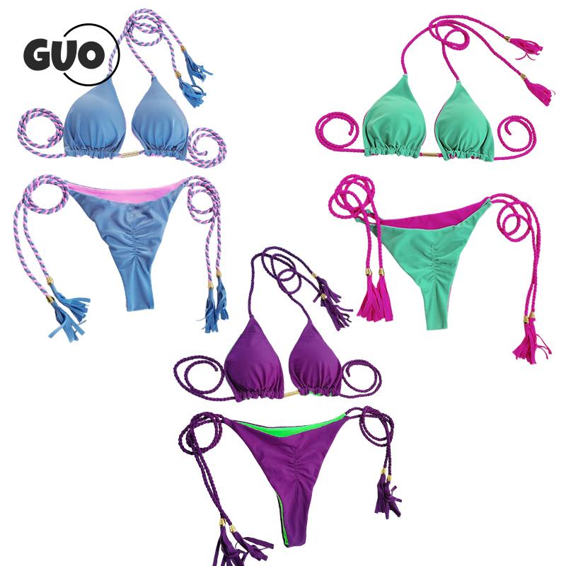 Sexy Contrasting Colors Halter String Triangle Two Piece Bikini Trendy Women's Lace-up Swimsuit Summer Separate Beach Wear