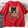 Cute Black Cat Eating Ramen T-Shirt Men Women Adorable Graphic Tee Shirt Foodie and Cat Lover Tshirt Animal Printed Tees Top